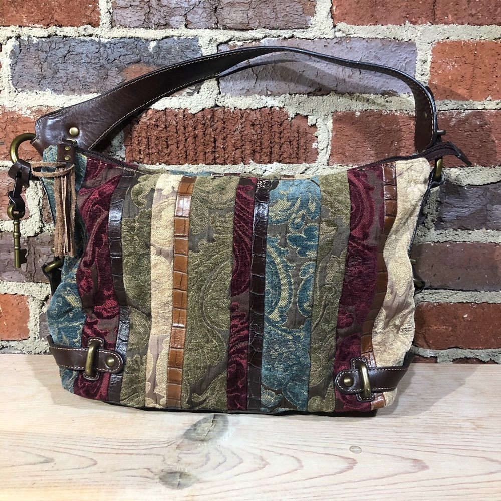 Fossil - Boho Leather and Velvet Striped Bag